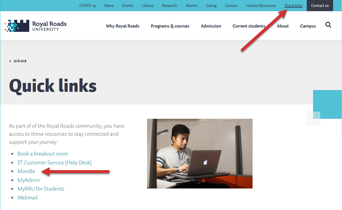 Screen capture of RRU homepage showing quicklinks page