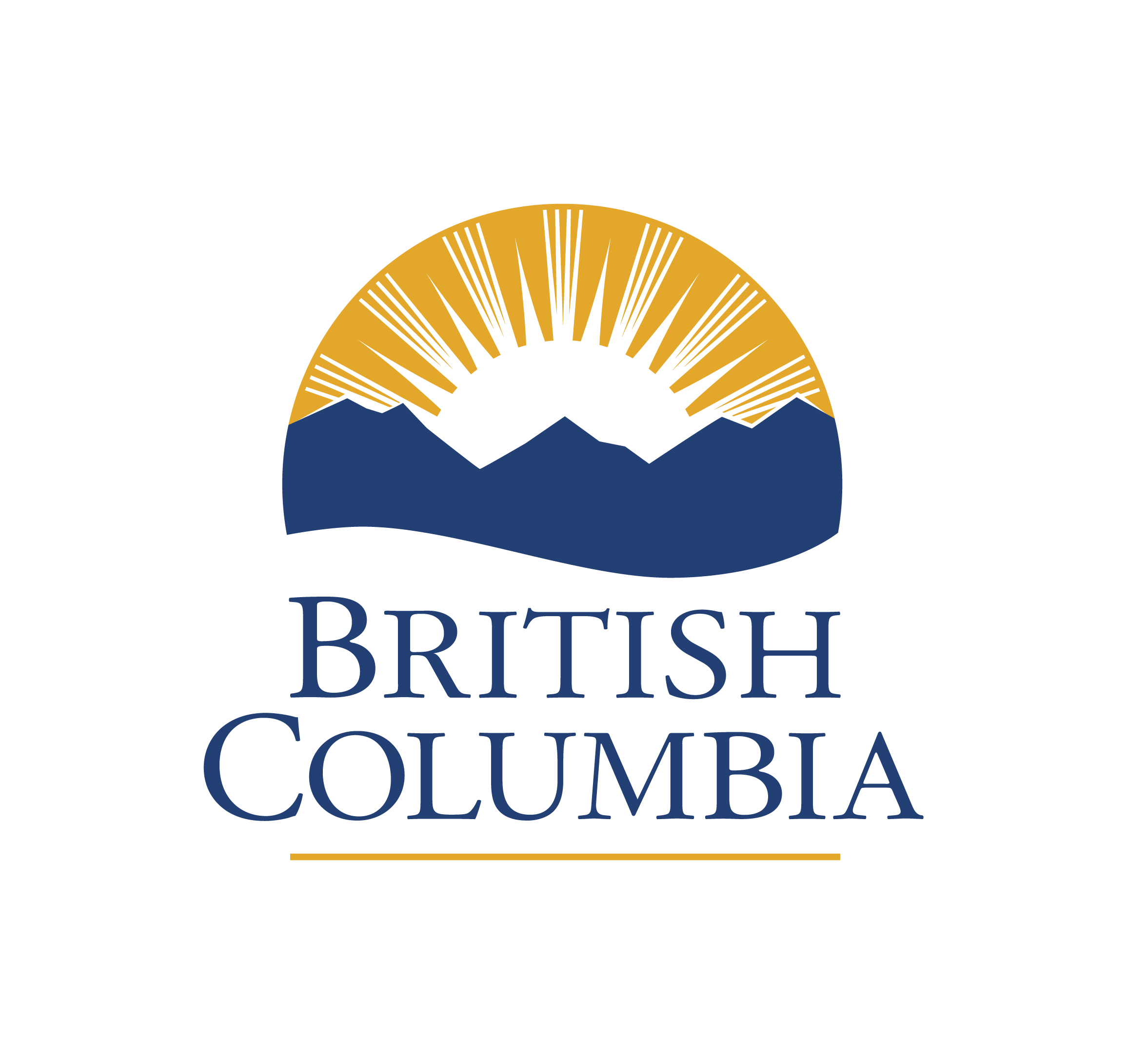 The Government of British Columbia's Logo features a symbol of the sun rising behind a mountain range with the Pacific Ocean.