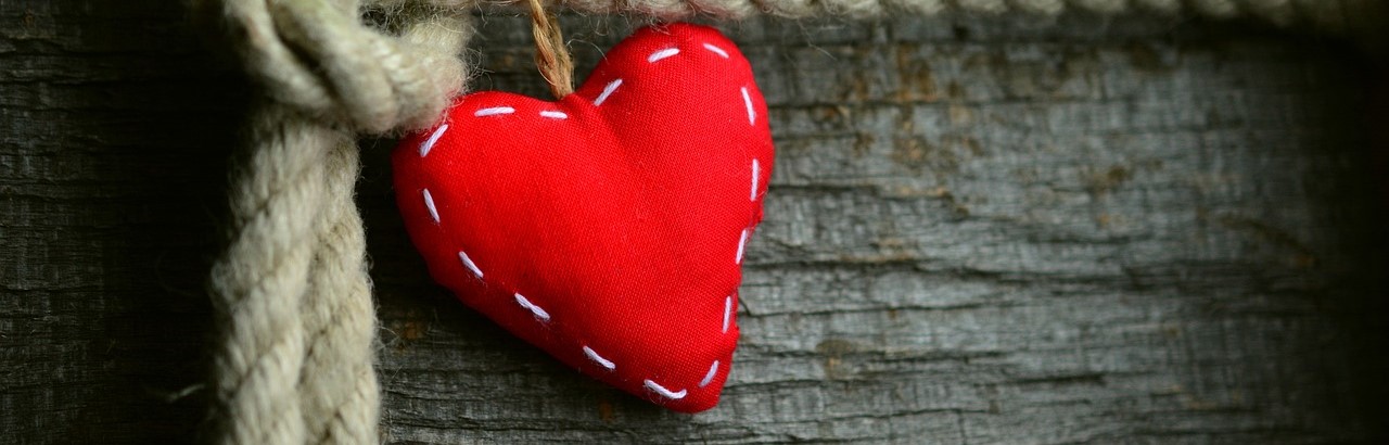 A red cloth heart, with white threading is tied to a tree with rope