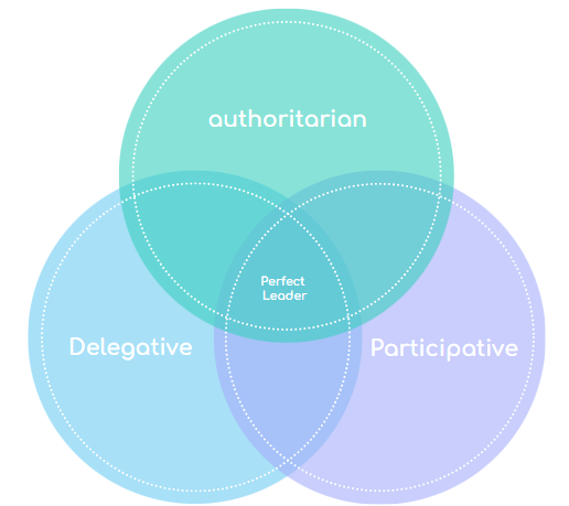 A Venn diagram of 3 leadership styles - authoritarian, participative, and delgative. The words perfect leader in centre 