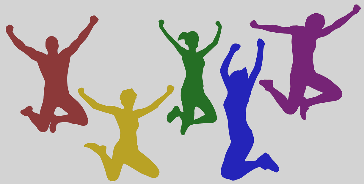 Five silhouettes of people jumping with arms in the air. Silhouettes are solid colours red, yellow, green, blue & purple.