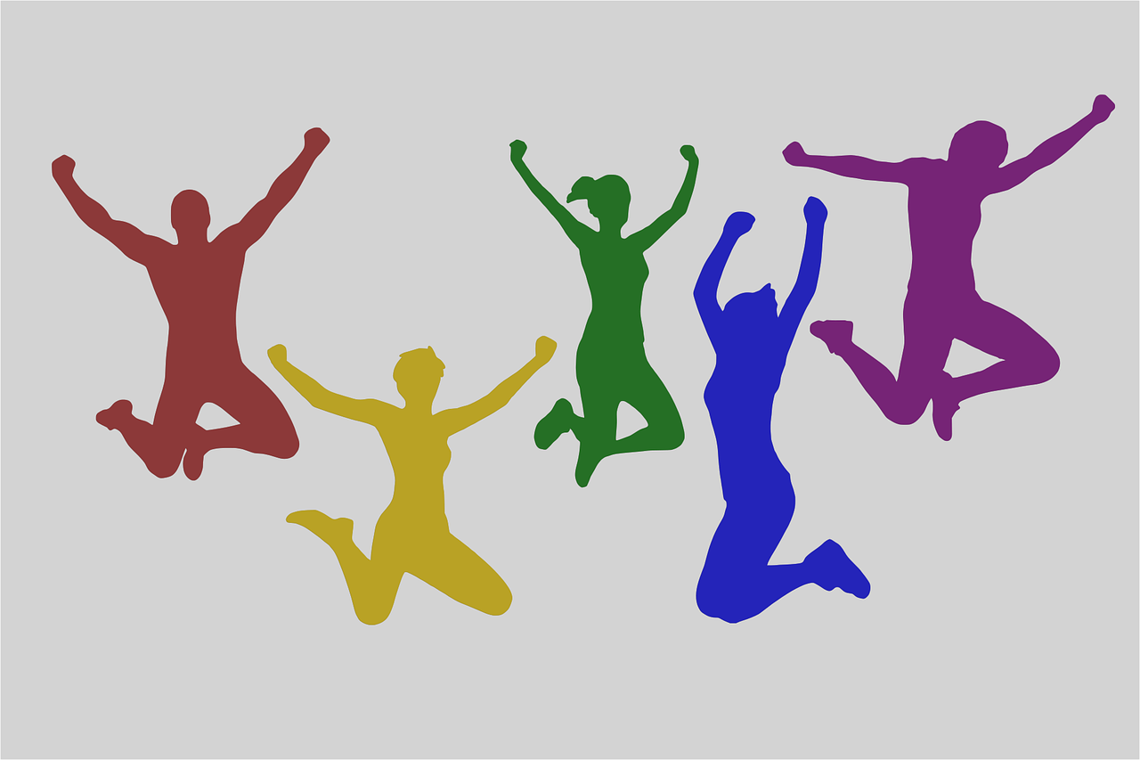 Five silhouettes of people jumping with arms in the air. Silhouettes are solid colours red, yellow, green, blue & purple. 