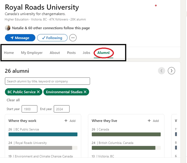 a display of LinkedIn search results for Royal Roads alumni