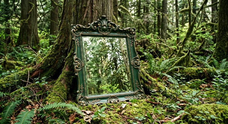A Green ornate mirror sits on the forest floor