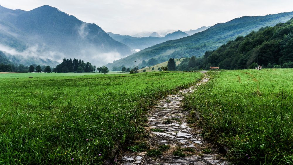 A stone walking path in a lush green field within a valley at the base of a range of mountains
