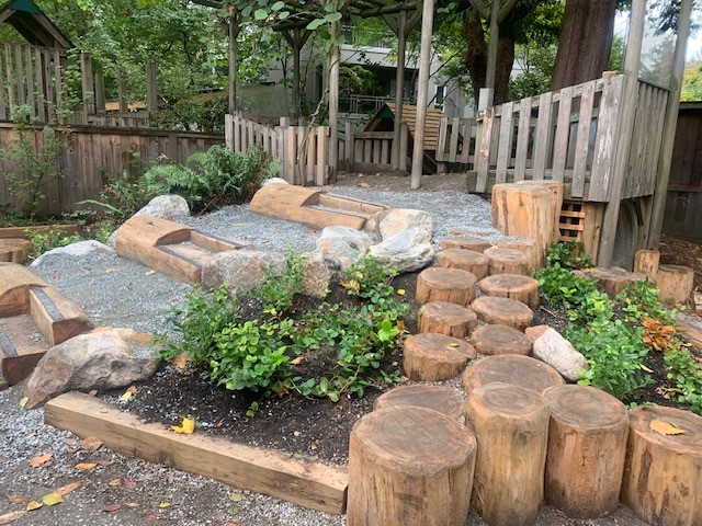 The yard of an ECE centre that is a mixture of grass, stones, stumps and wooden structures for play