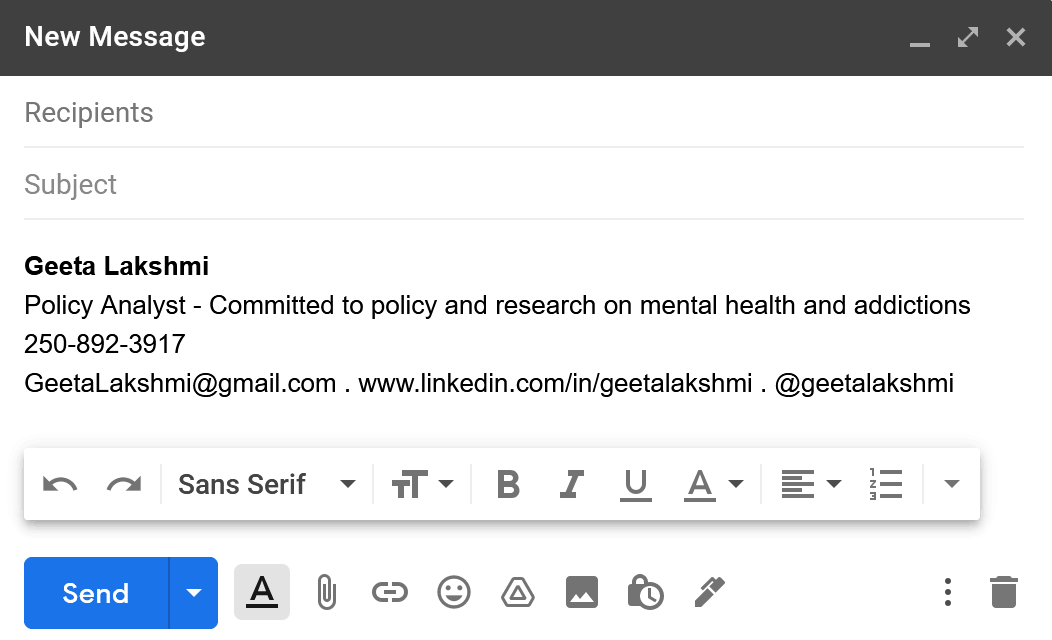 sample of an effective email signature - contains the senders name and title, and how to reach them, such as telephone number